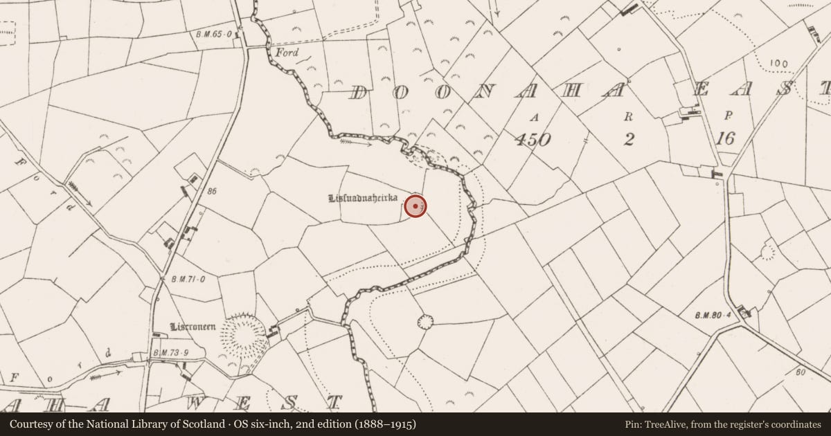 Ordnance Survey six-inch map, 2nd edition (1888–1915) covering the location of Ringfort - rath, Doonaha West, County Clare, with a pin at the register's coordinates