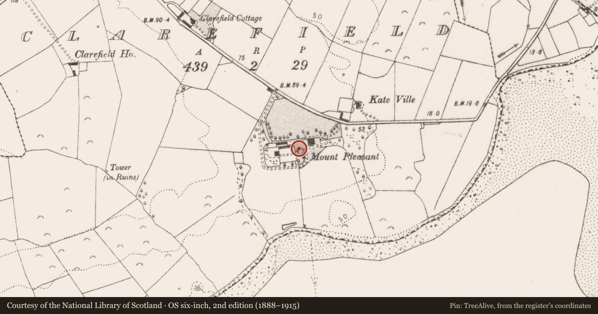 Ordnance Survey six-inch map, 2nd edition (1888–1915) covering the location of Barrow - mound barrow, Clarefield, County Clare, with a pin at the register's coordinates