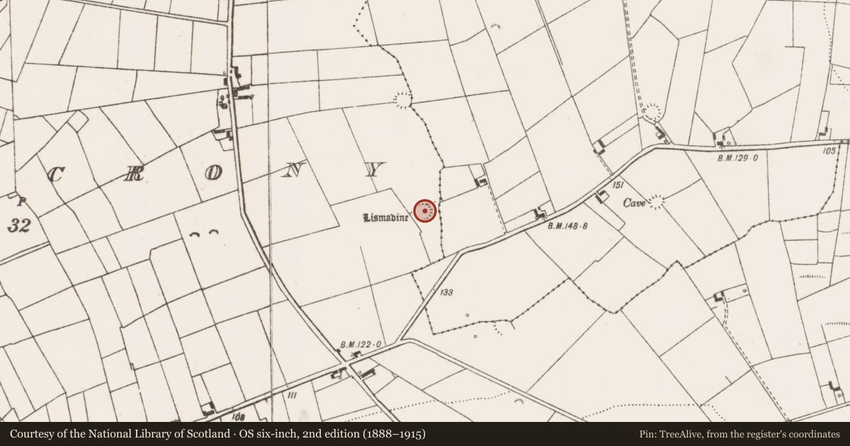 Ordnance Survey six-inch map, 2nd edition (1888–1915) covering the location of Ringfort - rath, Lisheencrony, County Clare, with a pin at the register's coordinates