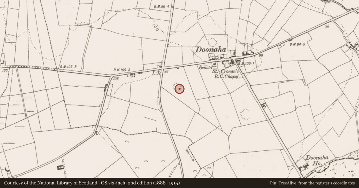 Ordnance Survey six-inch map, 2nd edition (1888–1915) covering the location of Ringfort - rath, Doonaha West, County Clare, with a pin at the register's coordinates