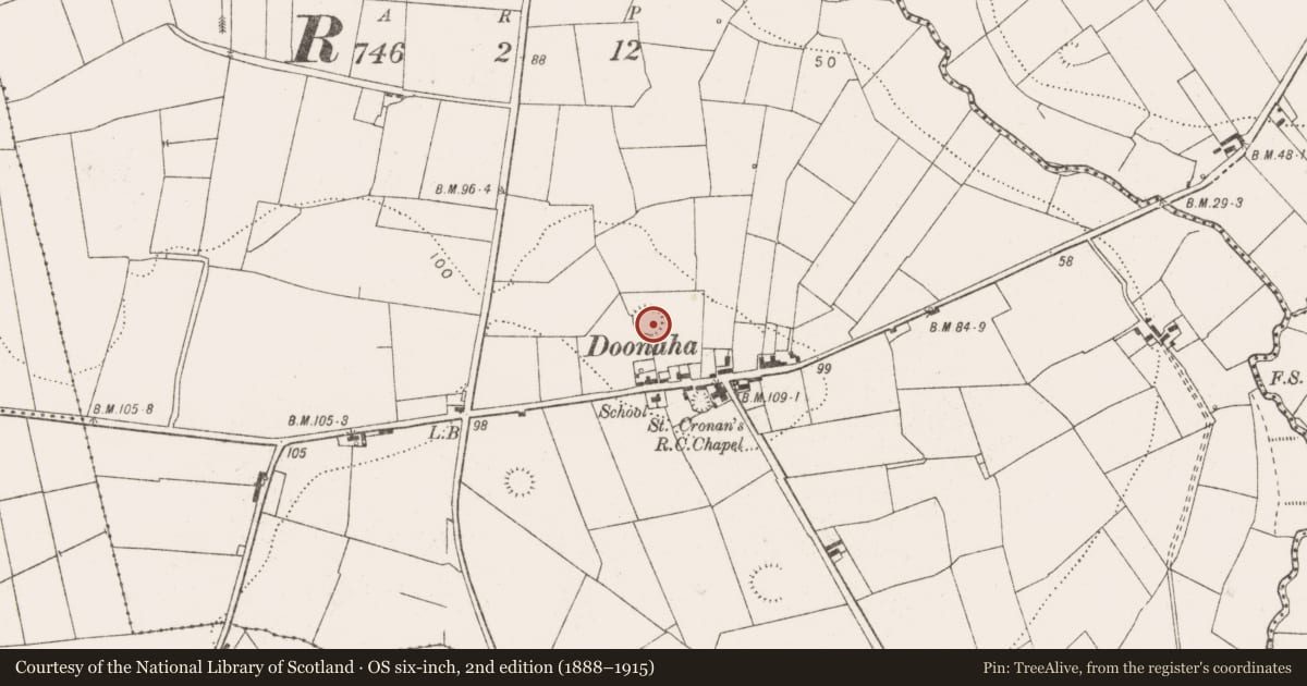 Ordnance Survey six-inch map, 2nd edition (1888–1915) covering the location of Ringfort - rath, Doonaha West, County Clare, with a pin at the register's coordinates