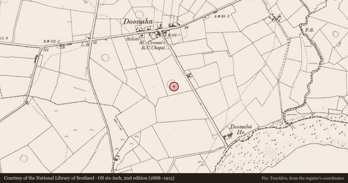 Ordnance Survey six-inch map, 2nd edition (1888–1915) covering the location of Ringfort - rath, Doonaha West, County Clare, with a pin at the register's coordinates