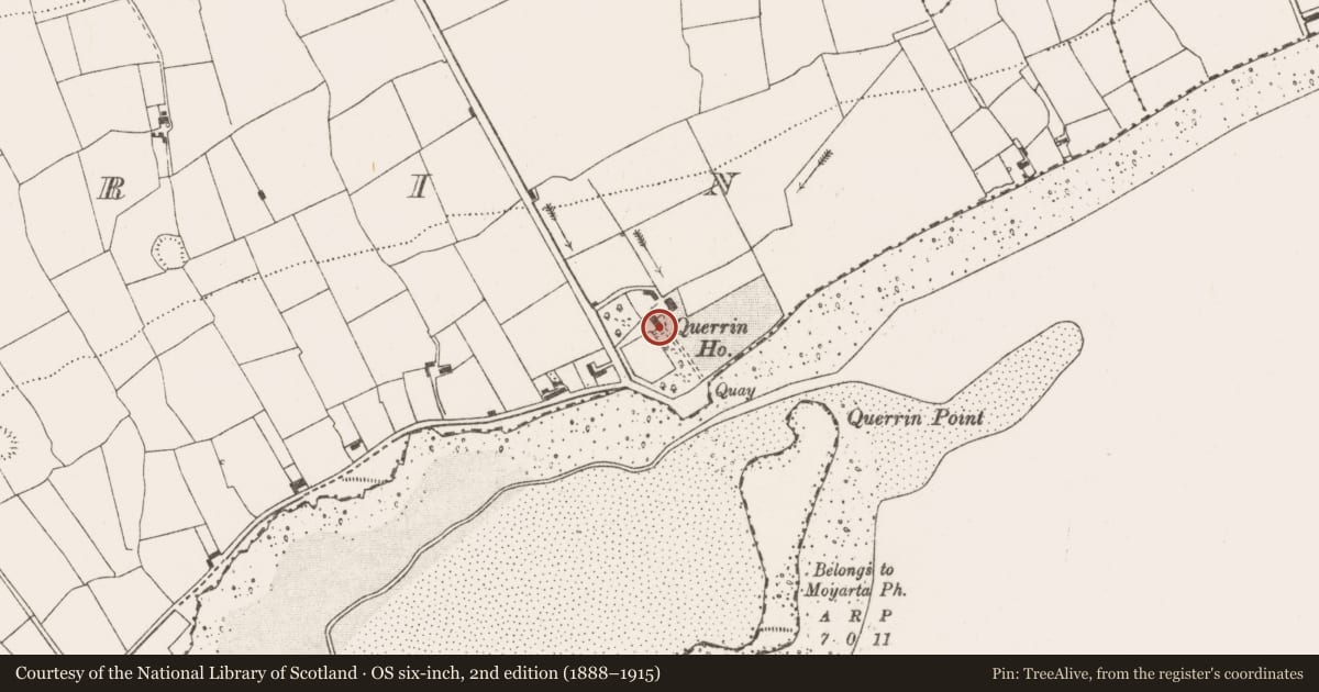 Ordnance Survey six-inch map, 2nd edition (1888–1915) covering the location of House - 17th century, Querrin, County Clare, with a pin at the register's coordinates