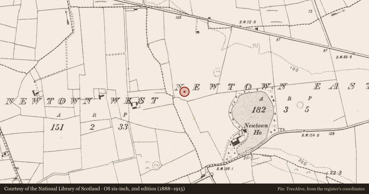 Ordnance Survey six-inch map, 2nd edition (1888–1915) covering the location of Enclosure, Newtown East, County Clare, with a pin at the register's coordinates