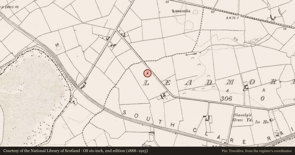 Ordnance Survey six-inch map, 2nd edition (1888–1915) covering the location of Ringfort - rath, Leadmore West, County Clare, with a pin at the register's coordinates