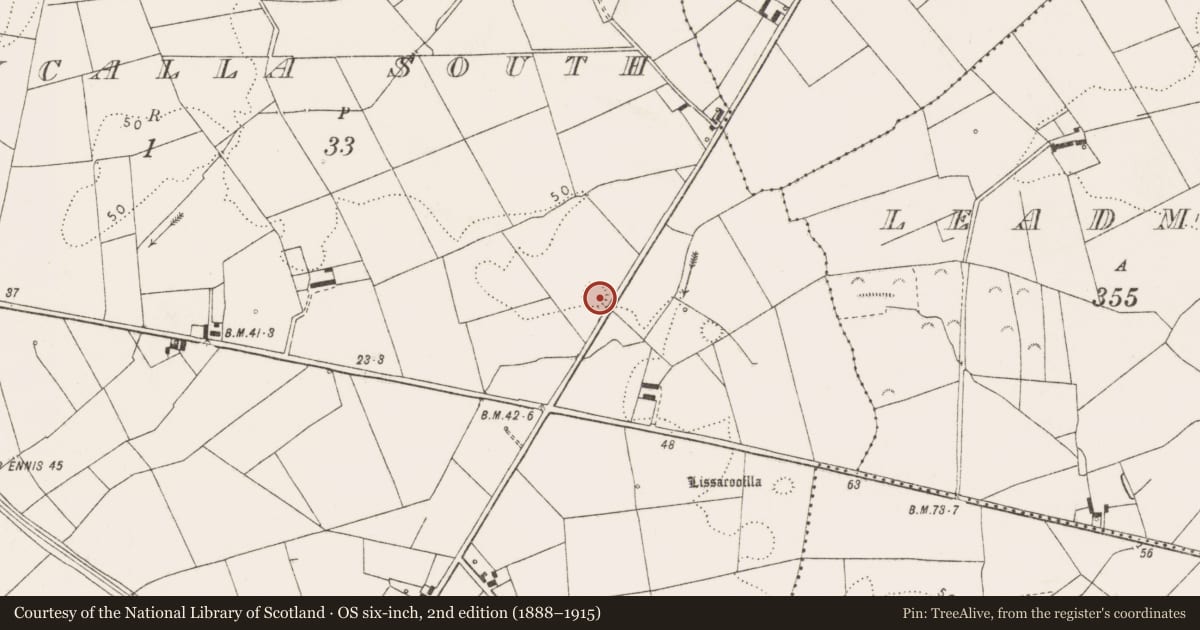 Ordnance Survey six-inch map, 2nd edition (1888–1915) covering the location of Enclosure, Carrowncalla South, County Clare, with a pin at the register's coordinates