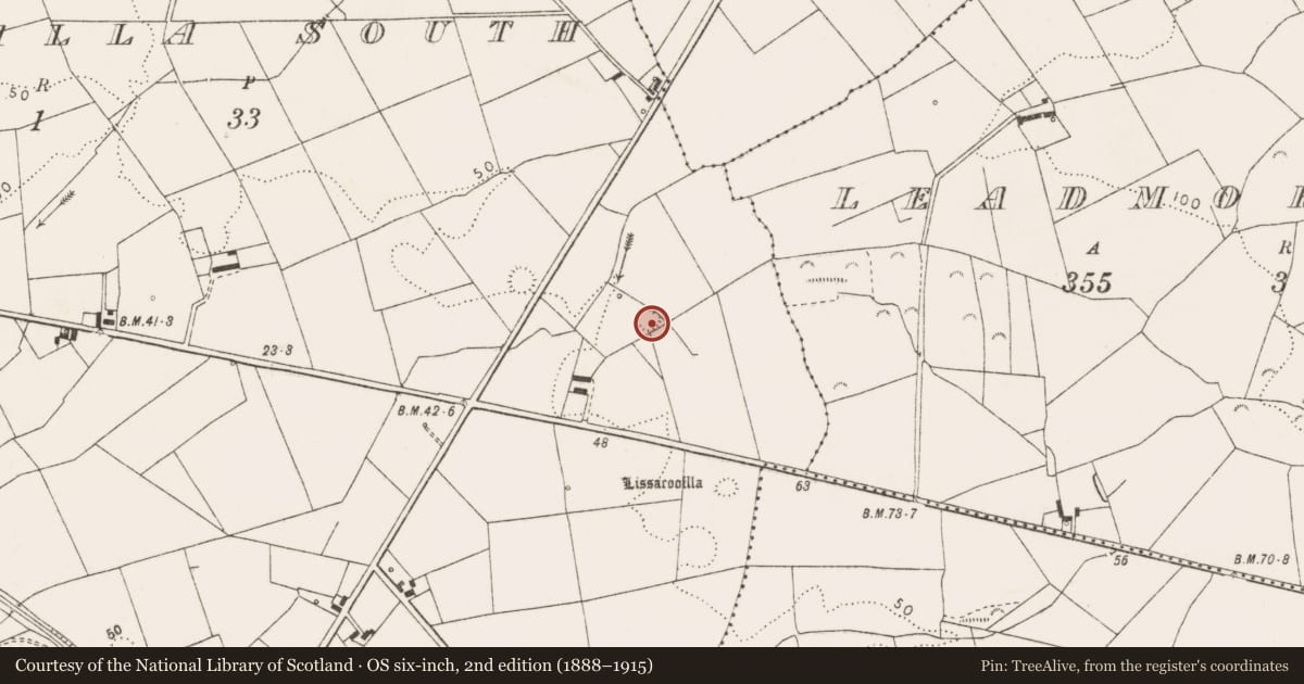 Ordnance Survey six-inch map, 2nd edition (1888–1915) covering the location of Ringfort - rath, Carrowncalla South, County Clare, with a pin at the register's coordinates