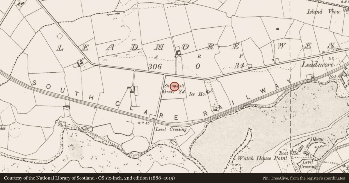 Ordnance Survey six-inch map, 2nd edition (1888–1915) covering the location of Church, Leadmore West, County Clare, with a pin at the register's coordinates