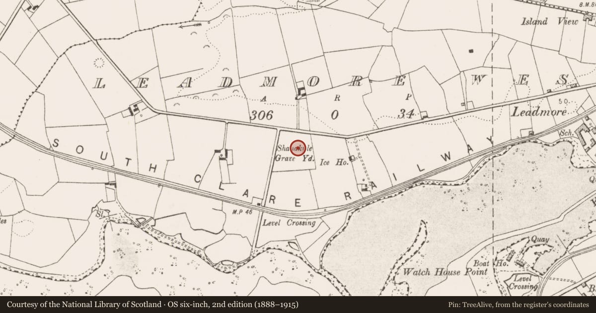 Ordnance Survey six-inch map, 2nd edition (1888–1915) covering the location of Graveyard, Leadmore West, County Clare, with a pin at the register's coordinates