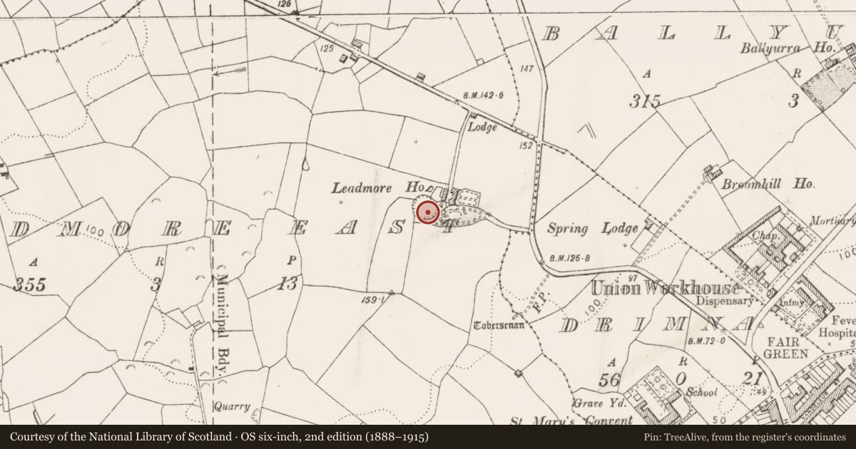 Ordnance Survey six-inch map, 2nd edition (1888–1915) covering the location of Ringfort - rath, Leadmore East, County Clare, with a pin at the register's coordinates