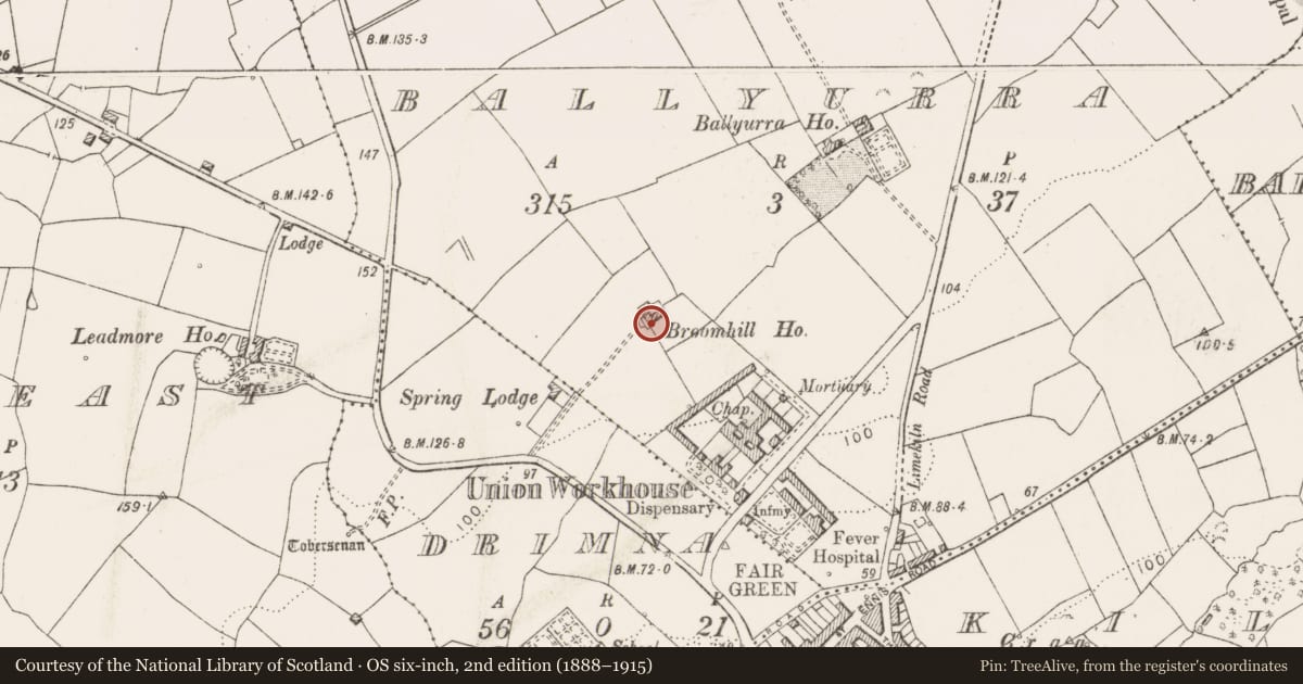 Ordnance Survey six-inch map, 2nd edition (1888–1915) covering the location of House - 18th/19th century, Ballyurra, County Clare, with a pin at the register's coordinates
