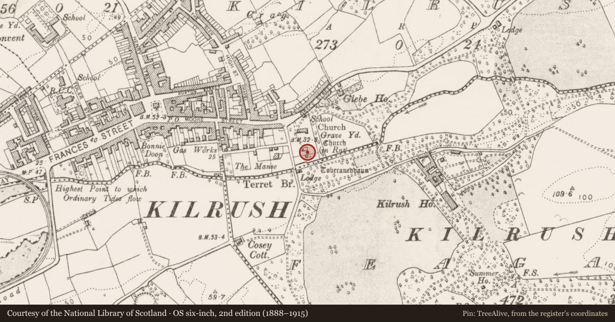 Ordnance Survey six-inch map, 2nd edition (1888–1915) covering the location of Church, Kilrush, County Clare, with a pin at the register's coordinates