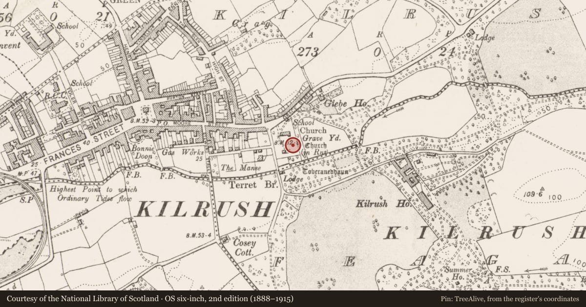 Ordnance Survey six-inch map, 2nd edition (1888–1915) covering the location of Graveyard, Kilrush, County Clare, with a pin at the register's coordinates
