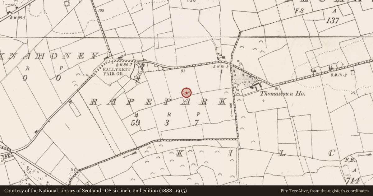 Ordnance Survey six-inch map, 2nd edition (1888–1915) covering the location of Enclosure, Rapepark, County Clare, with a pin at the register's coordinates