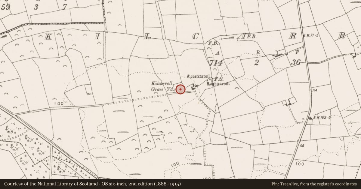 Ordnance Survey six-inch map, 2nd edition (1888–1915) covering the location of Church, Kilcarroll, County Clare, with a pin at the register's coordinates