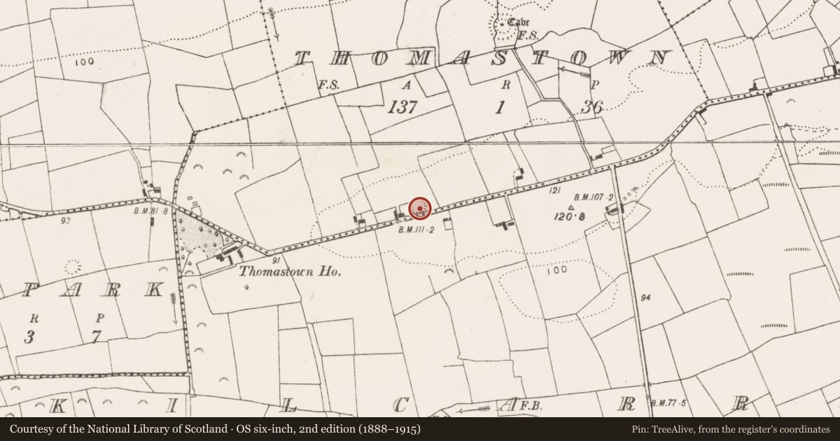 Ordnance Survey six-inch map, 2nd edition (1888–1915) covering the location of Earthwork, Thomastown, County Clare, with a pin at the register's coordinates