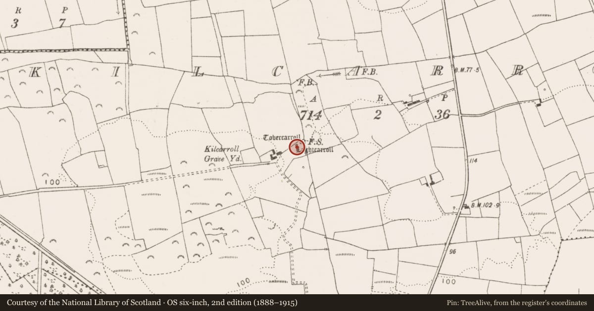 Ordnance Survey six-inch map, 2nd edition (1888–1915) covering the location of Penitential station, Kilcarroll, County Clare, with a pin at the register's coordinates