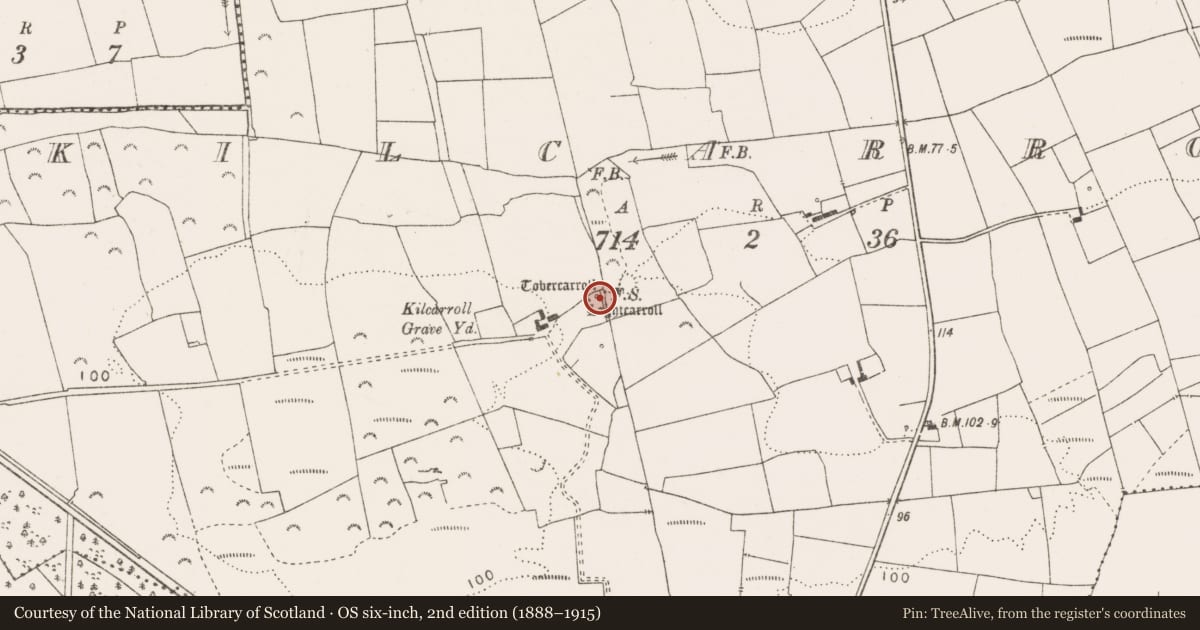 Ordnance Survey six-inch map, 2nd edition (1888–1915) covering the location of Ritual site - holy well, Kilcarroll, County Clare, with a pin at the register's coordinates