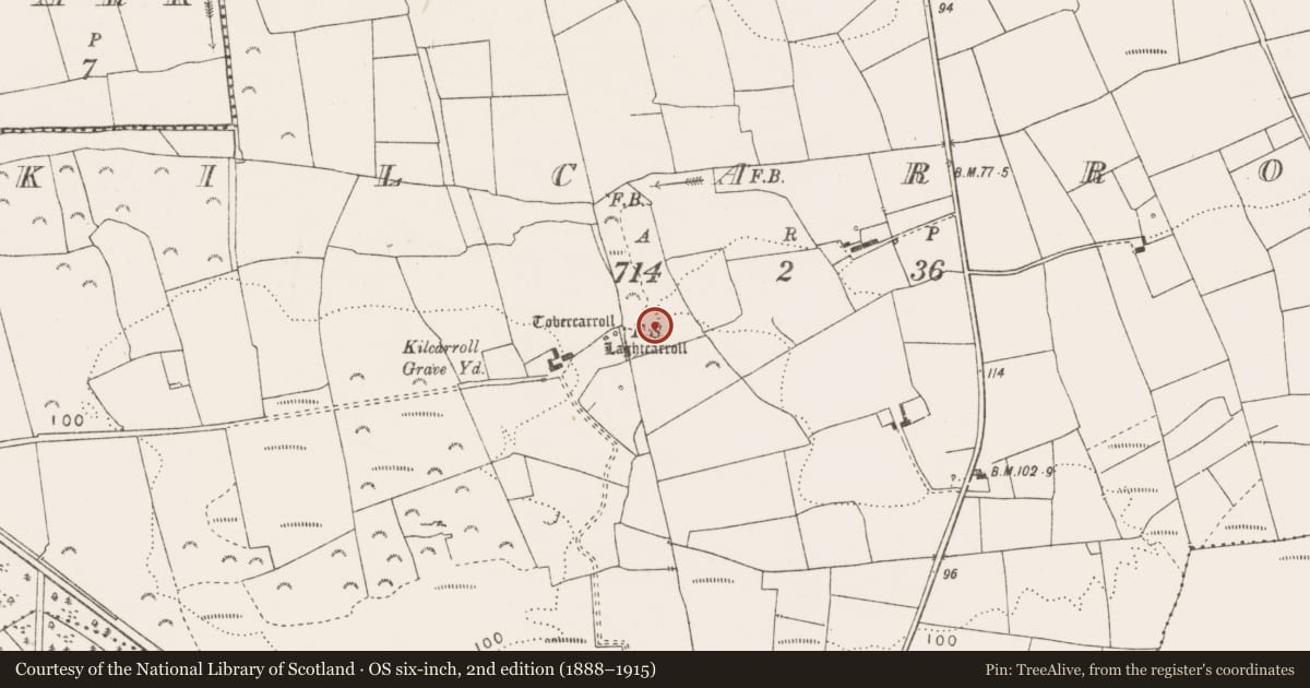 Ordnance Survey six-inch map, 2nd edition (1888–1915) covering the location of Ringfort - rath, Kilcarroll, County Clare, with a pin at the register's coordinates