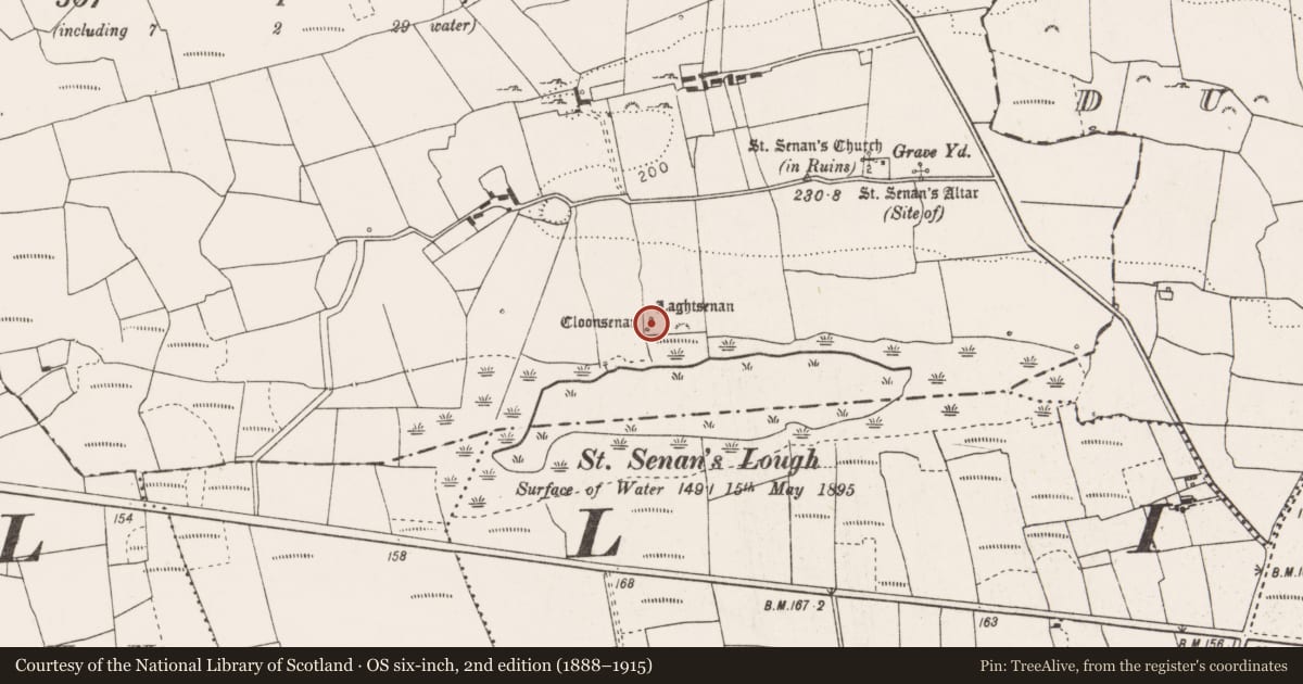 Ordnance Survey six-inch map, 2nd edition (1888–1915) covering the location of Penitential station, Molougha, County Clare, with a pin at the register's coordinates