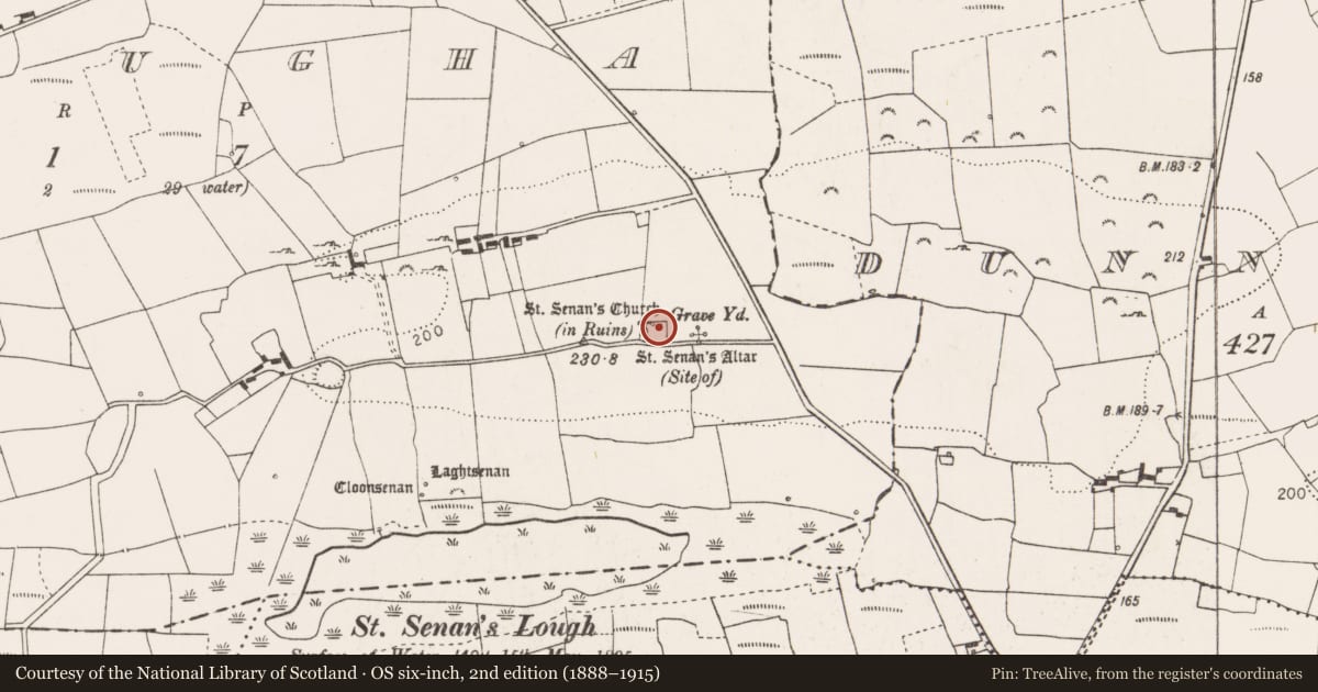 Ordnance Survey six-inch map, 2nd edition (1888–1915) covering the location of Church, Molougha, County Clare, with a pin at the register's coordinates