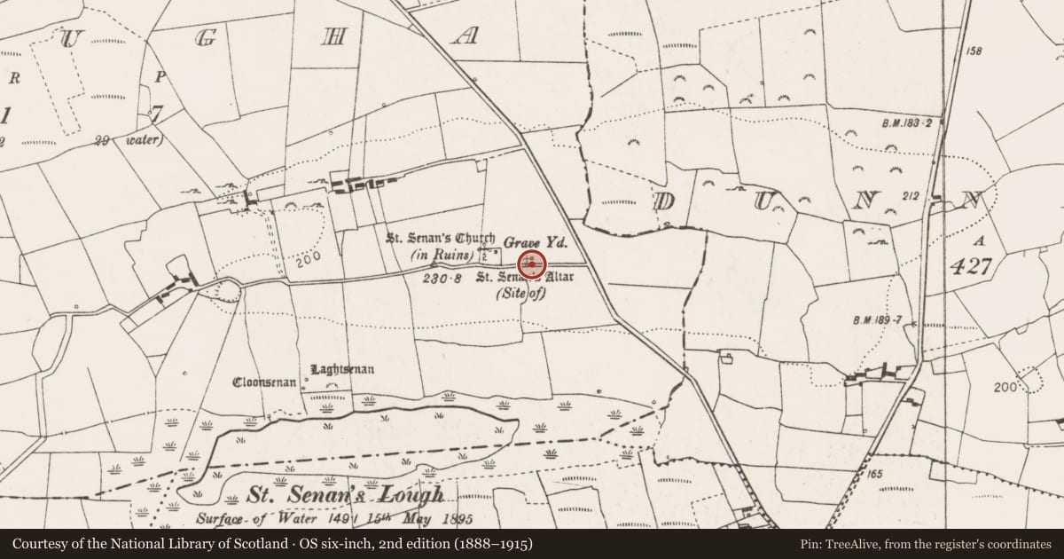 Ordnance Survey six-inch map, 2nd edition (1888–1915) covering the location of Penitential station, Molougha, County Clare, with a pin at the register's coordinates