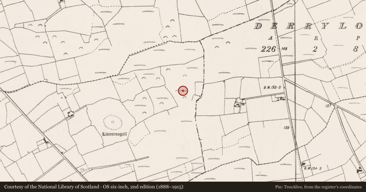 Ordnance Survey six-inch map, 2nd edition (1888–1915) covering the location of Ringfort - rath, Molougha, County Clare, with a pin at the register's coordinates