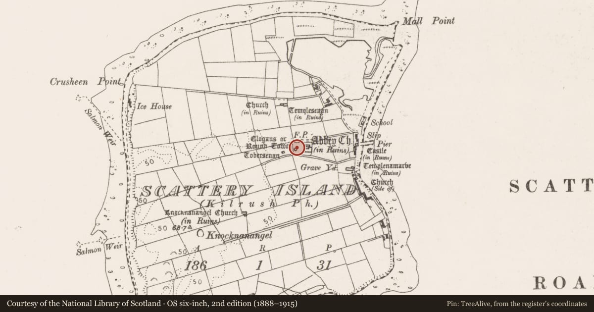 Ordnance Survey six-inch map, 2nd edition (1888–1915) covering the location of Graveyard, Scattery Island, County Clare, with a pin at the register's coordinates