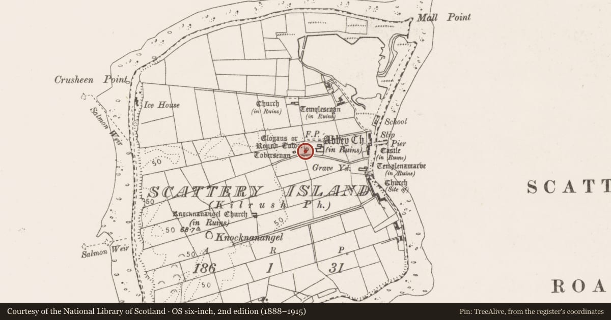 Ordnance Survey six-inch map, 2nd edition (1888–1915) covering the location of Round tower, Scattery Island, County Clare, with a pin at the register's coordinates