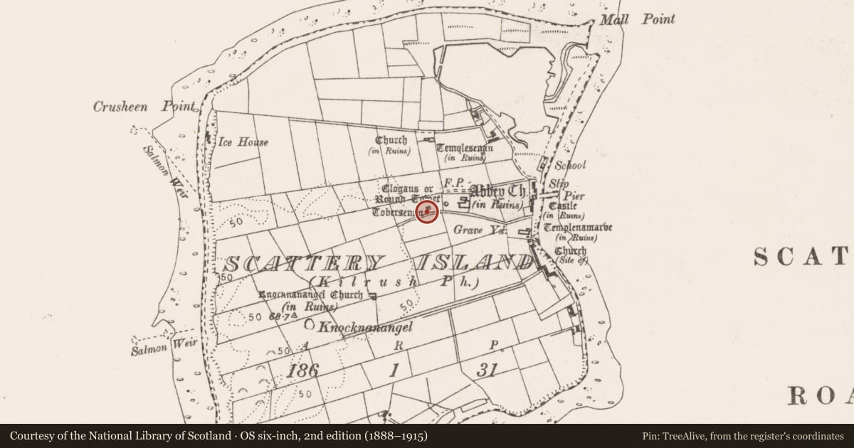Ordnance Survey six-inch map, 2nd edition (1888–1915) covering the location of Ritual site - holy well, Scattery Island, County Clare, with a pin at the register's coordinates
