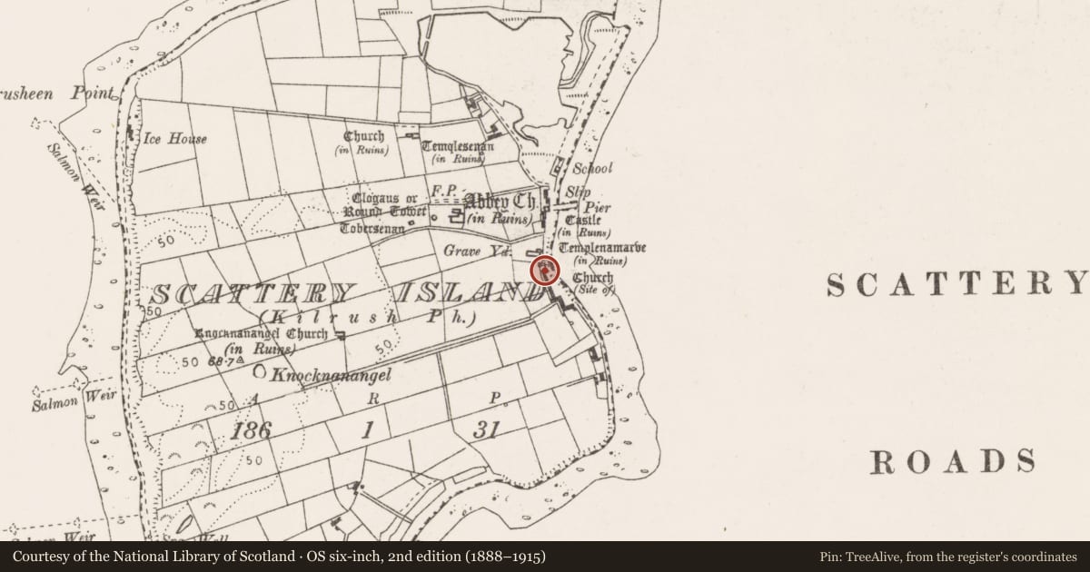 Ordnance Survey six-inch map, 2nd edition (1888–1915) covering the location of Church, Scattery Island, County Clare, with a pin at the register's coordinates