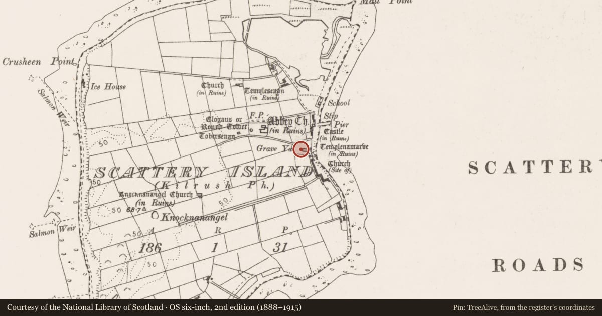 Ordnance Survey six-inch map, 2nd edition (1888–1915) covering the location of Graveyard, Scattery Island, County Clare, with a pin at the register's coordinates
