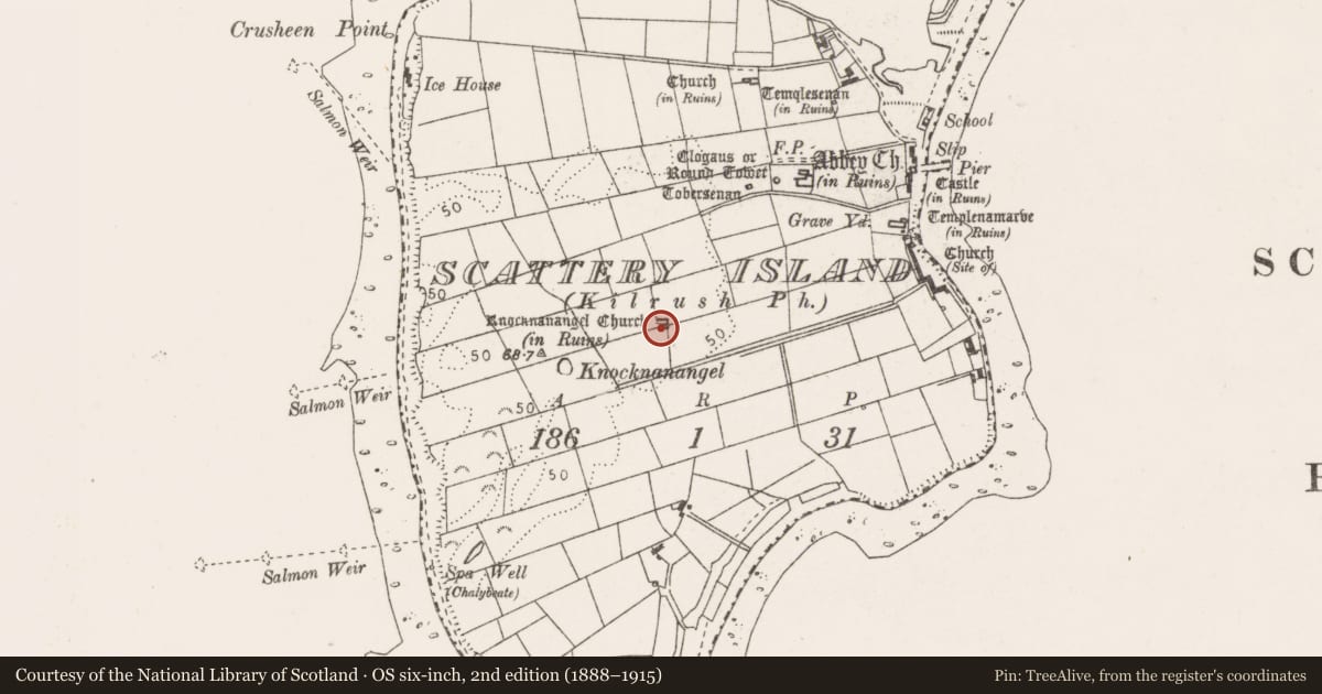 Ordnance Survey six-inch map, 2nd edition (1888–1915) covering the location of Church, Scattery Island, County Clare, with a pin at the register's coordinates