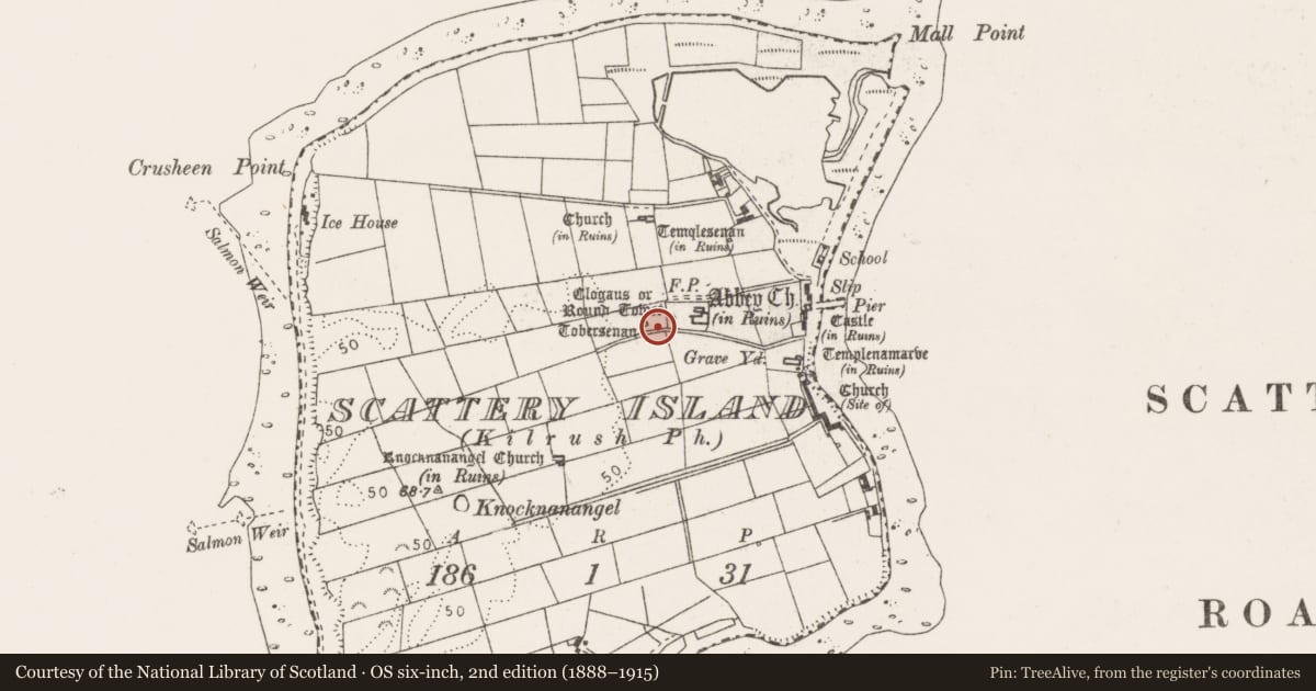 Ordnance Survey six-inch map, 2nd edition (1888–1915) covering the location of Burnt mound, Scattery Island, County Clare, with a pin at the register's coordinates