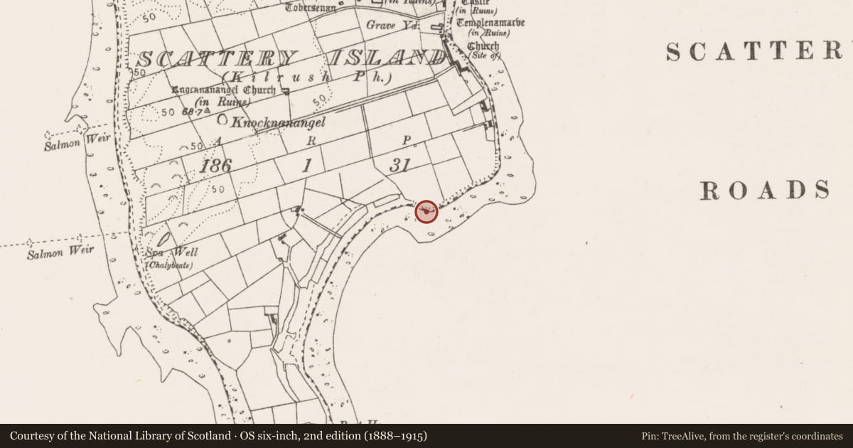 Ordnance Survey six-inch map, 2nd edition (1888–1915) covering the location of Burnt spread, Scattery Island, County Clare, with a pin at the register's coordinates