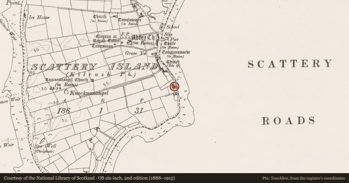 Ordnance Survey six-inch map, 2nd edition (1888–1915) covering the location of Midden, Scattery Island, County Clare, with a pin at the register's coordinates
