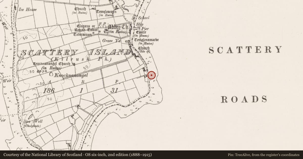 Ordnance Survey six-inch map, 2nd edition (1888–1915) covering the location of Slipway, Scattery Island, County Clare, with a pin at the register's coordinates