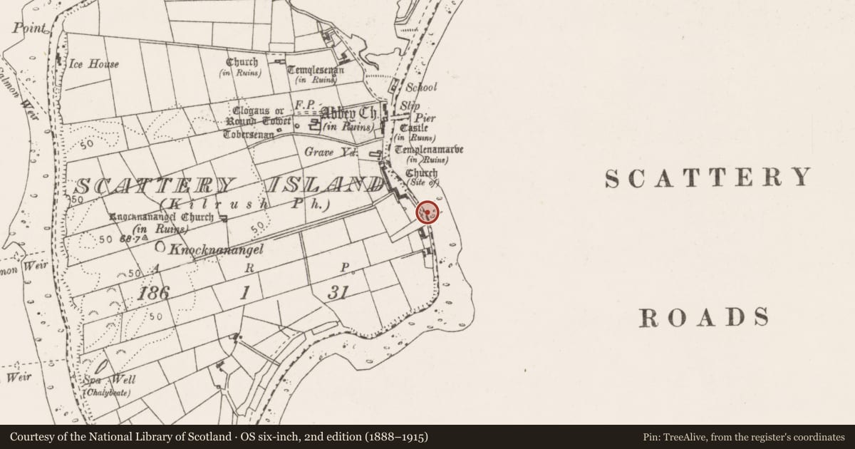 Ordnance Survey six-inch map, 2nd edition (1888–1915) covering the location of Sea wall, Scattery Island, County Clare, with a pin at the register's coordinates