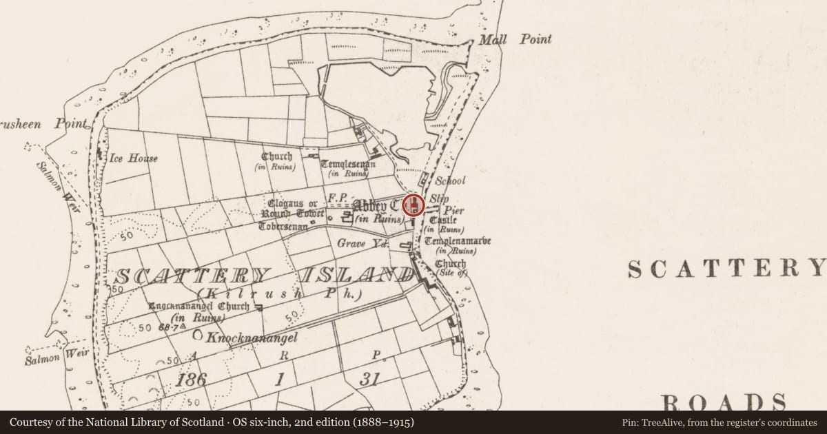Ordnance Survey six-inch map, 2nd edition (1888–1915) covering the location of Habitation site, Scattery Island, County Clare, with a pin at the register's coordinates