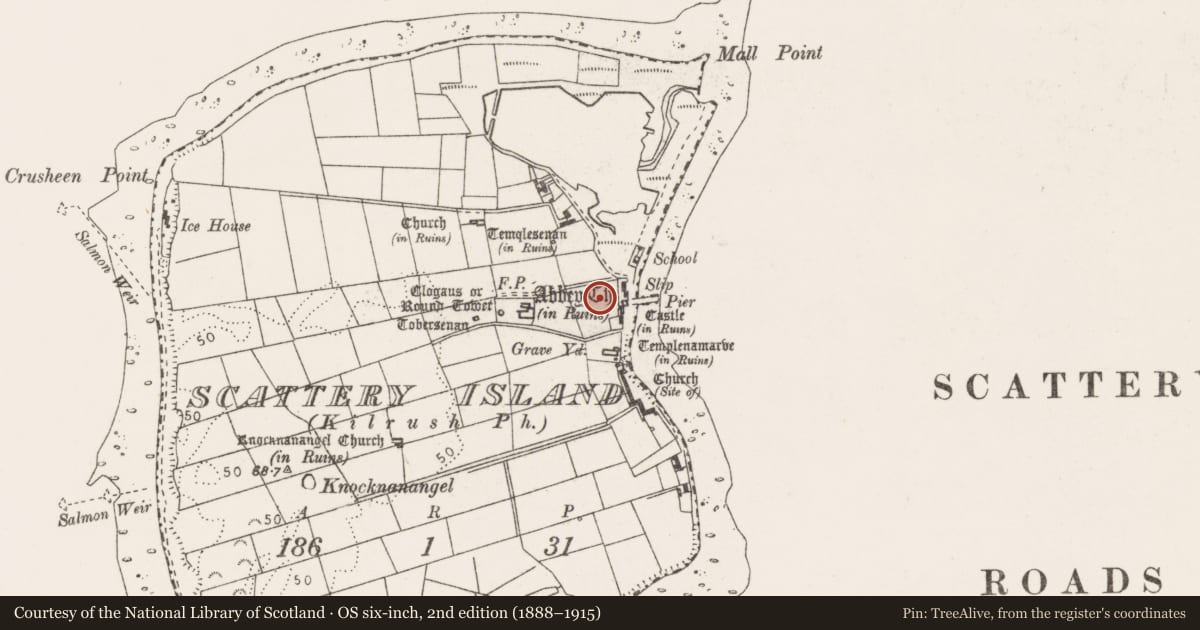 Ordnance Survey six-inch map, 2nd edition (1888–1915) covering the location of Pier/Jetty, Scattery Island, County Clare, with a pin at the register's coordinates