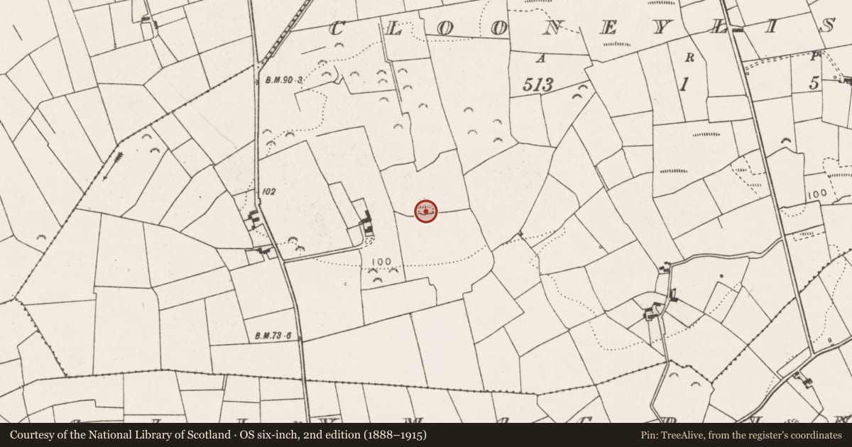 Ordnance Survey six-inch map, 2nd edition (1888–1915) covering the location of Ringfort - rath, Clooneylissaun, County Clare, with a pin at the register's coordinates