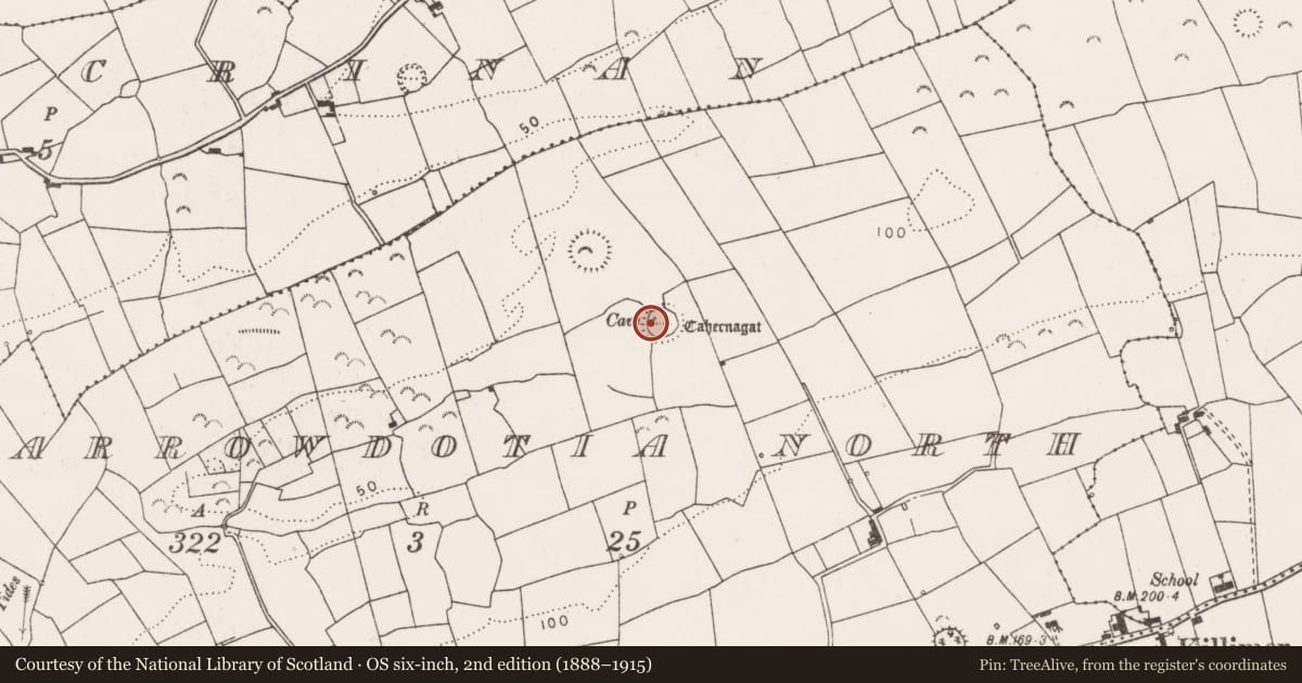 Ordnance Survey six-inch map, 2nd edition (1888–1915) covering the location of Souterrain, Carrowdotia North, County Clare, with a pin at the register's coordinates