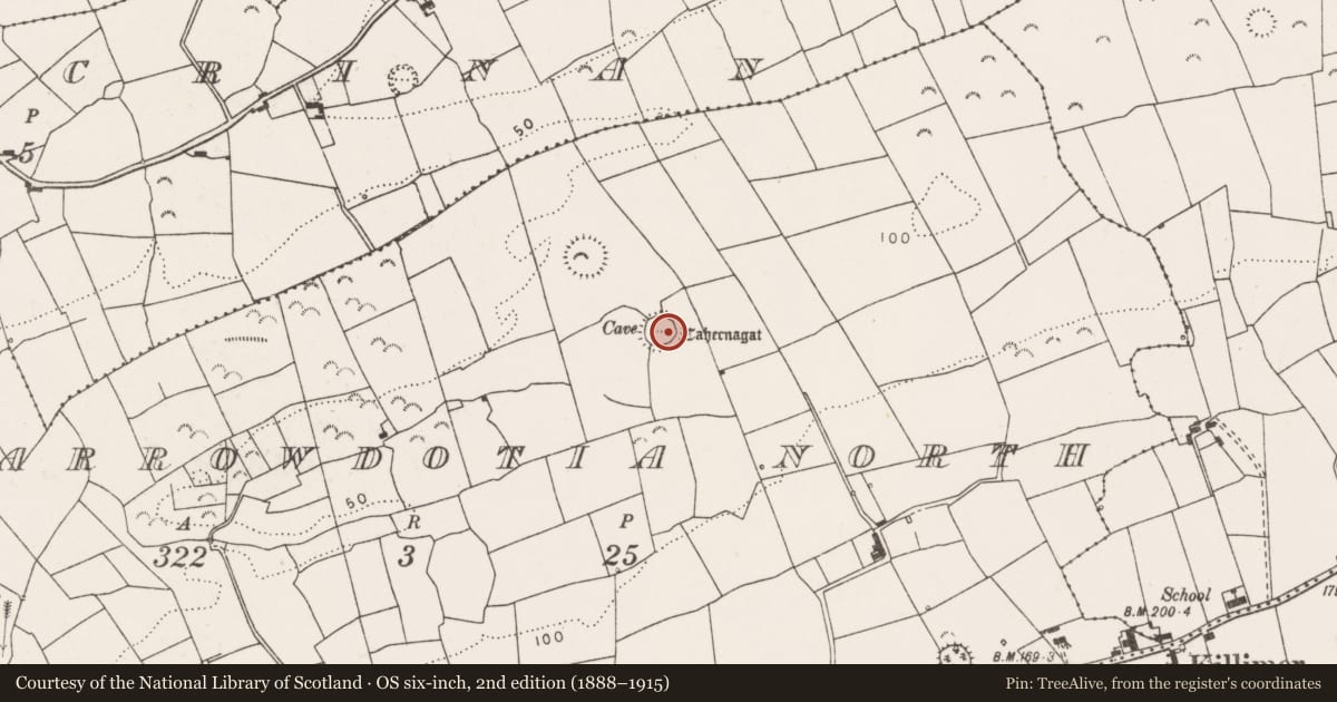 Ordnance Survey six-inch map, 2nd edition (1888–1915) covering the location of Hut site, Carrowdotia North, County Clare, with a pin at the register's coordinates