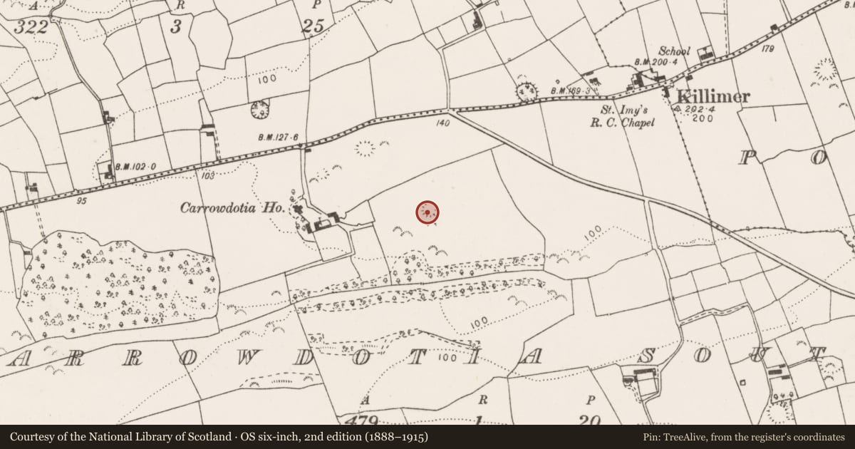 Ordnance Survey six-inch map, 2nd edition (1888–1915) covering the location of Ringfort - rath, Carrowdotia South, County Clare, with a pin at the register's coordinates