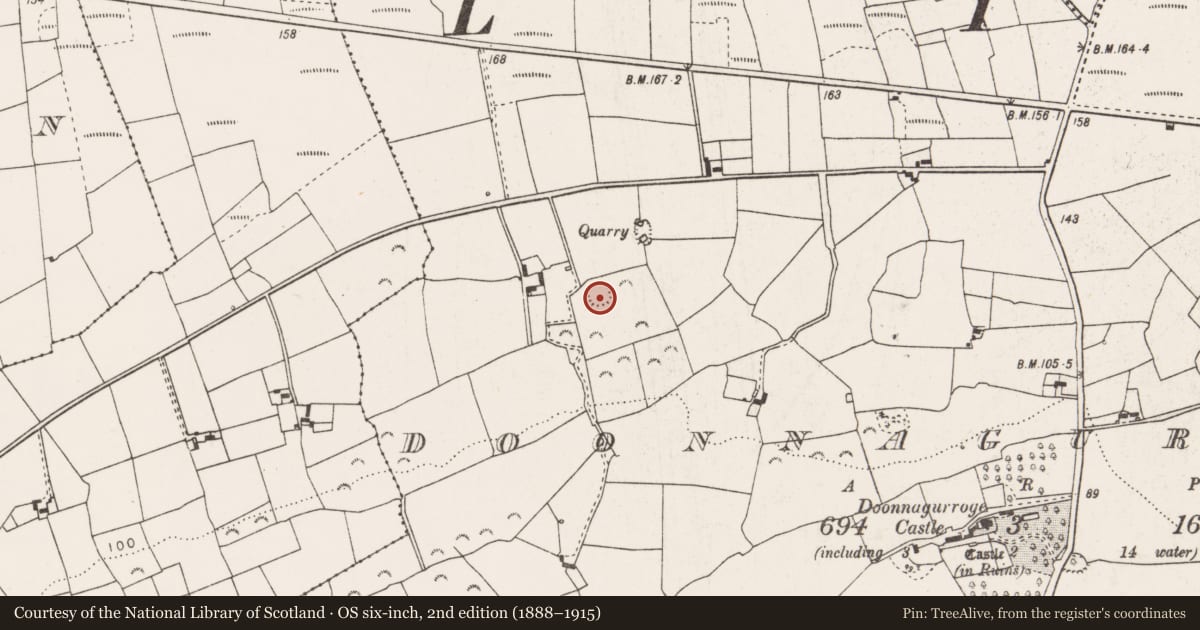 Ordnance Survey six-inch map, 2nd edition (1888–1915) covering the location of Ringfort - rath, Doonnagurroge, County Clare, with a pin at the register's coordinates
