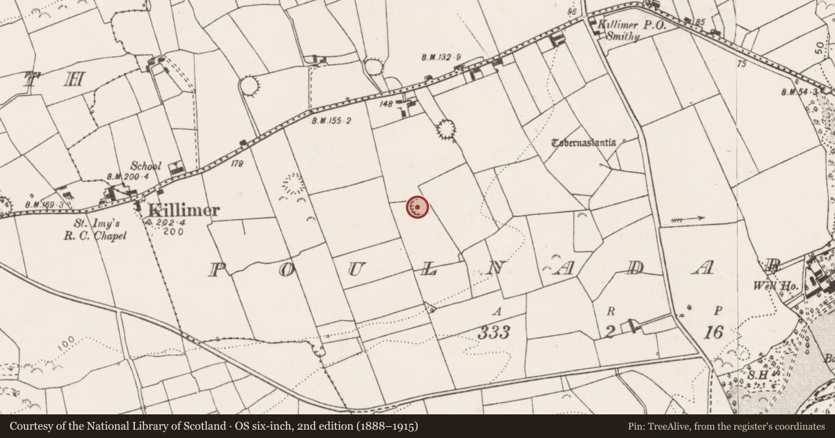 Ordnance Survey six-inch map, 2nd edition (1888–1915) covering the location of Ringfort - rath, Poulnadarree, County Clare, with a pin at the register's coordinates