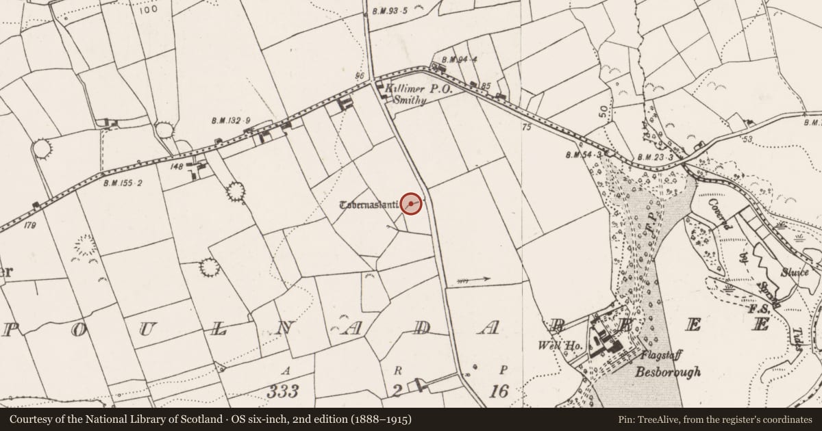 Ordnance Survey six-inch map, 2nd edition (1888–1915) covering the location of Ritual site - holy well, Poulnadarree, County Clare, with a pin at the register's coordinates