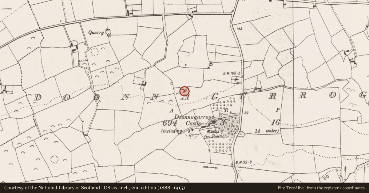 Ordnance Survey six-inch map, 2nd edition (1888–1915) covering the location of Ringfort - rath, Doonnagurroge, County Clare, with a pin at the register's coordinates