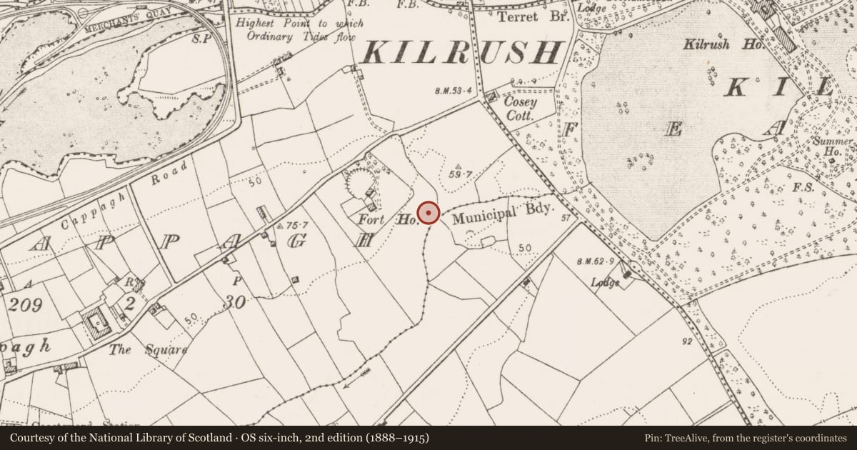 Ordnance Survey six-inch map, 2nd edition (1888–1915) covering the location of Enclosure, Cappagh, County Clare, with a pin at the register's coordinates