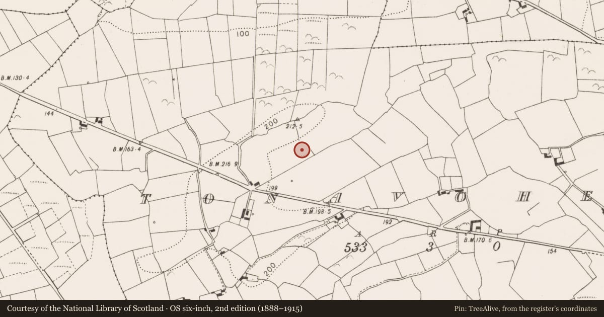 Ordnance Survey six-inch map, 2nd edition (1888–1915) covering the location of Ringfort - rath, Tonavoher, County Clare, with a pin at the register's coordinates